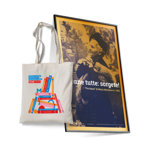 La Shopper "L'infanzia è un mondo" in versione bianca e il poster "Donne tutte: sorgete!" insieme