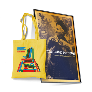 La Shopper "L'infanzia è un mondo" in versione gialla e il poster "Donne tutte: sorgete!" insieme